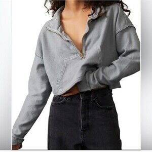 NWT We the Free Kitty Pullover Distressed Kangaroo Pocket Crop 1/4 zip Size XS
